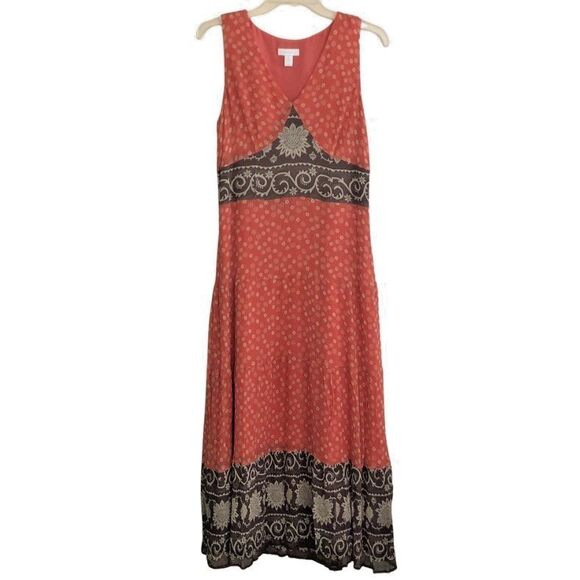Charter Club Silk Maxi Dress Womens Sz 10 Salmon Brown Boho Tiered V-neck Lined - Picture 1 of 16